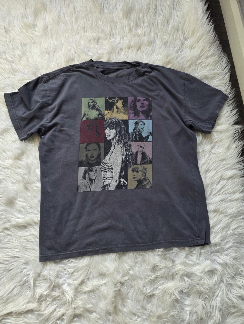 Taylor Swift Gray Short-Sleeve Graphic Tee with Multi-Color Portrait Panel